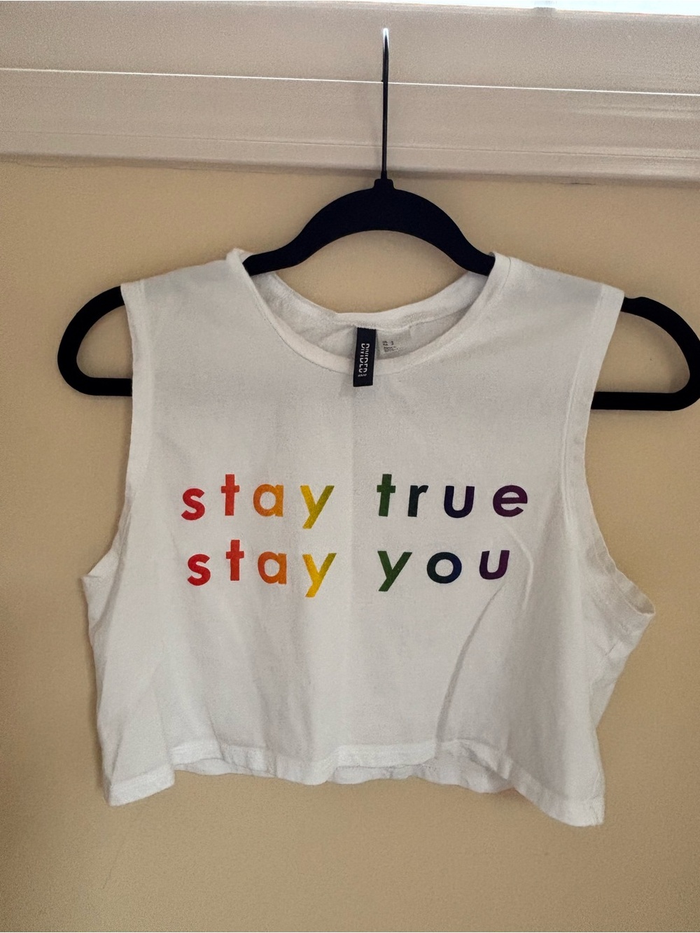 H&M White Crop Tank with Rainbow 'Stay True Stay You' Print